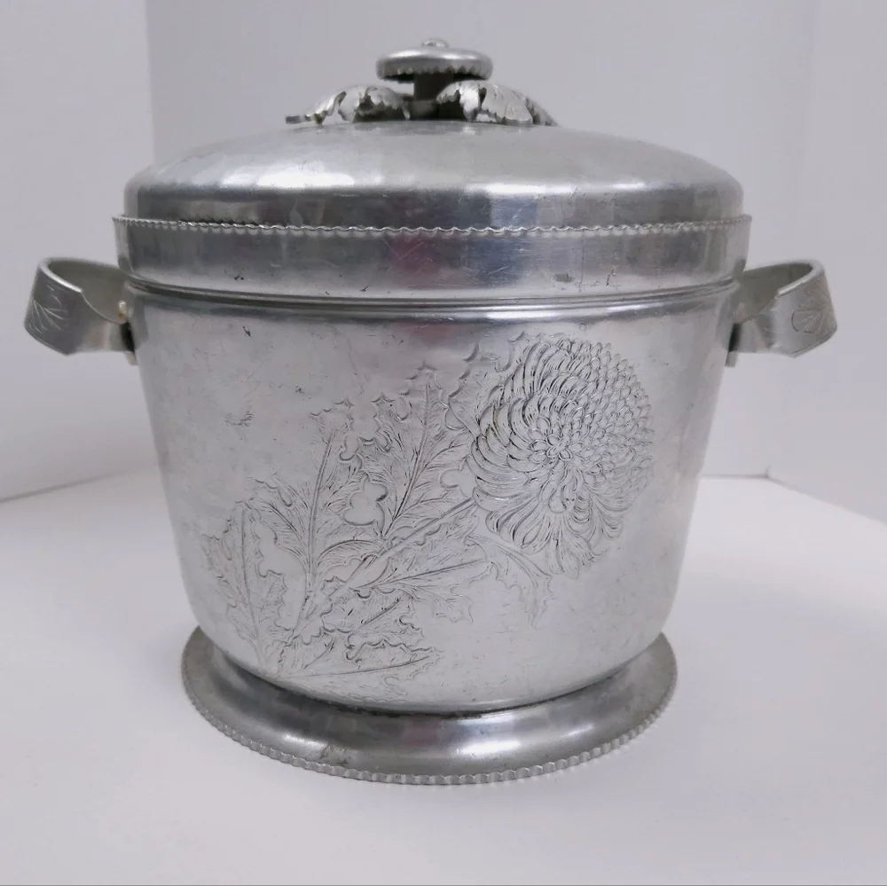 Vintage 1950s Continental Hammered Aluminum Chrysanthemum Ice Bucket